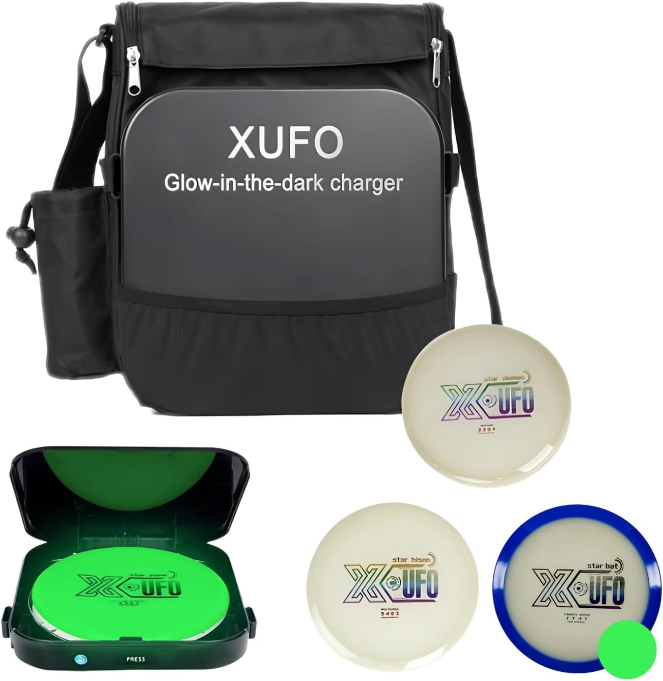 Glow-in-the-Dark, Fluorescent Golf Disc Set, Disc Golf Beginner's Set with Putter, Mid-Range, Distance Driver Discs, Glow-in-the-Dark Charger and Disc Bag for Outdoor Nighttime (Daytime) Disc Players