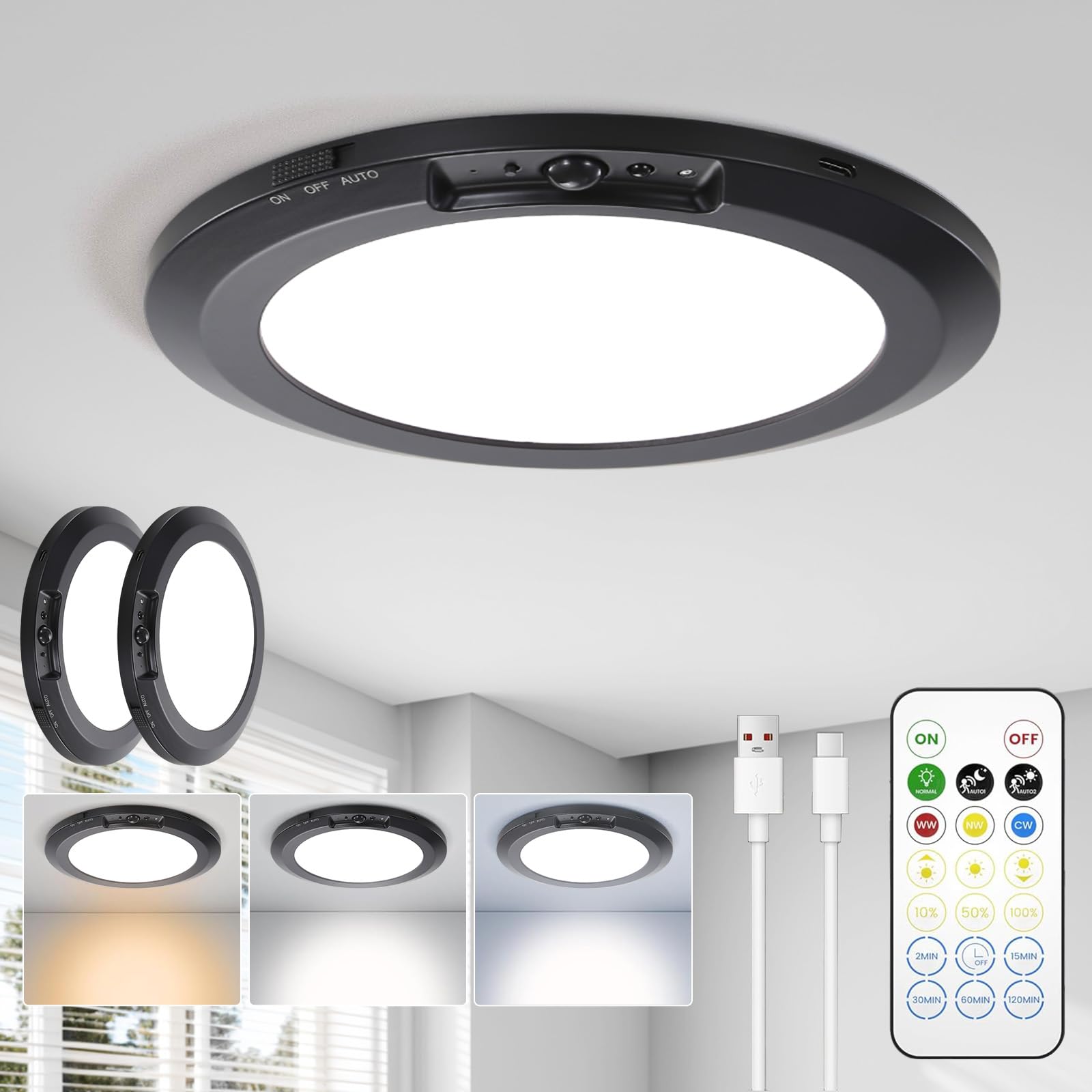 Rechargeable LED Ceiling Light - 10000mAh Battery Operated Bathroom Light with Remote 3 Colour Temperatures, Motion Sensor Magnetic Mount Wireless Indoor Ceiling Lamp for Garage Hallway Stair (2 Pack)
