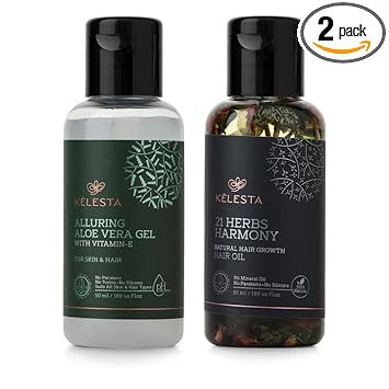 KELESTA 21 Herbs Harmony Hair Oil With Natural Ingredients - Root Strengthening - Alluring Aloe Vera Gel - Nourishes Skin and Hair - No Mineral Oil - No Silicones - 50ml Each