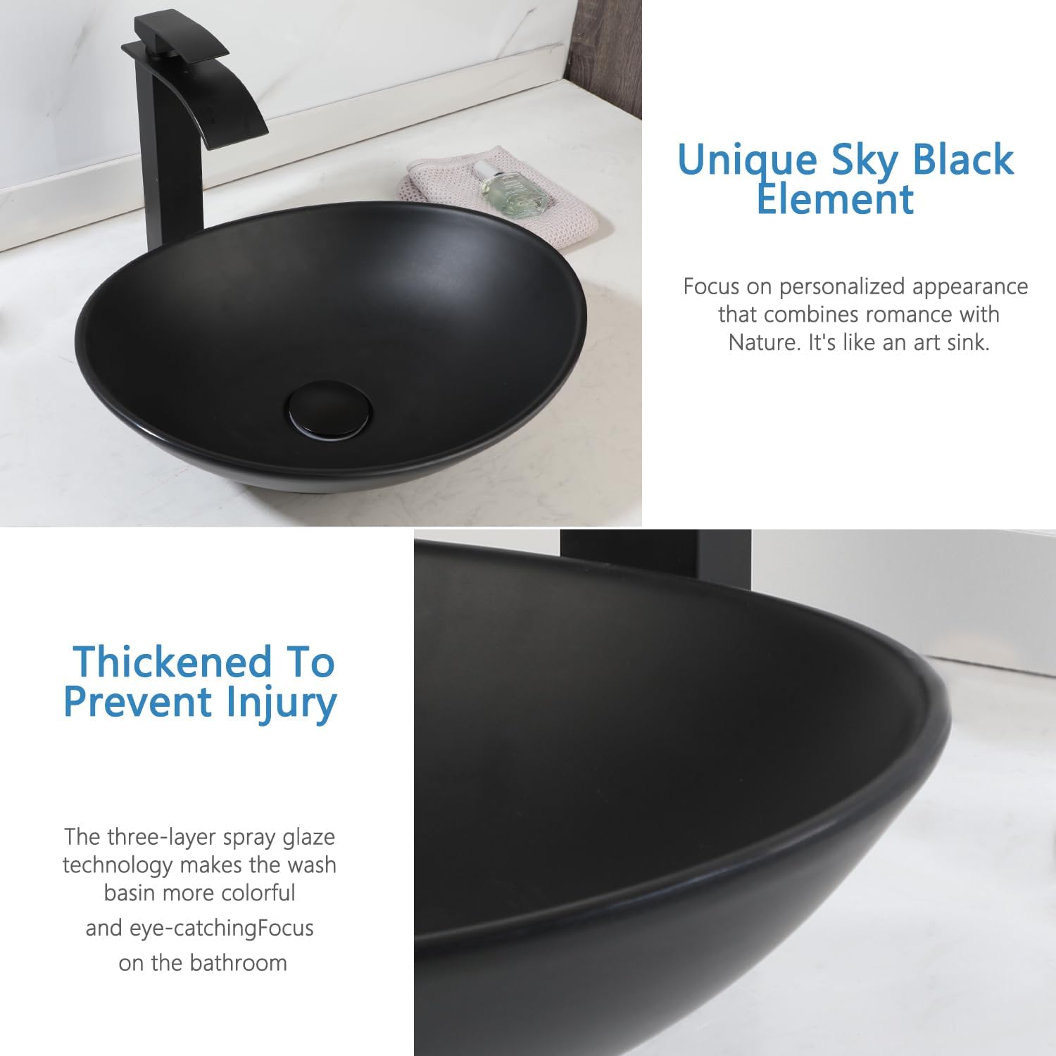16"x12" Bathroom Vessel Sink Bowl, Stone Resin Vessel Sink with Faucet and Drain Combo, Black Oval Modern Above Counter Sink