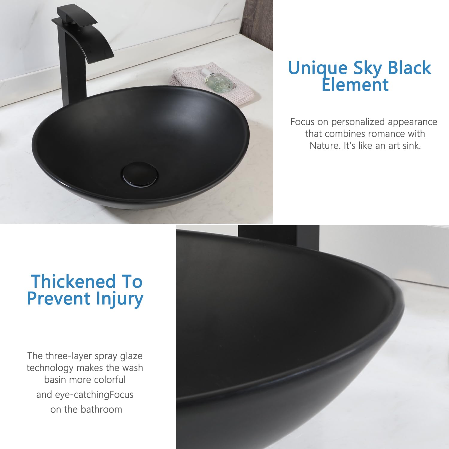 Fregadero de baño de 16 x 12 pulgadas, fregadero de resina de piedra con grifo y drenaje combinado, fregadero ovalado negro moderno sobre encimera 4