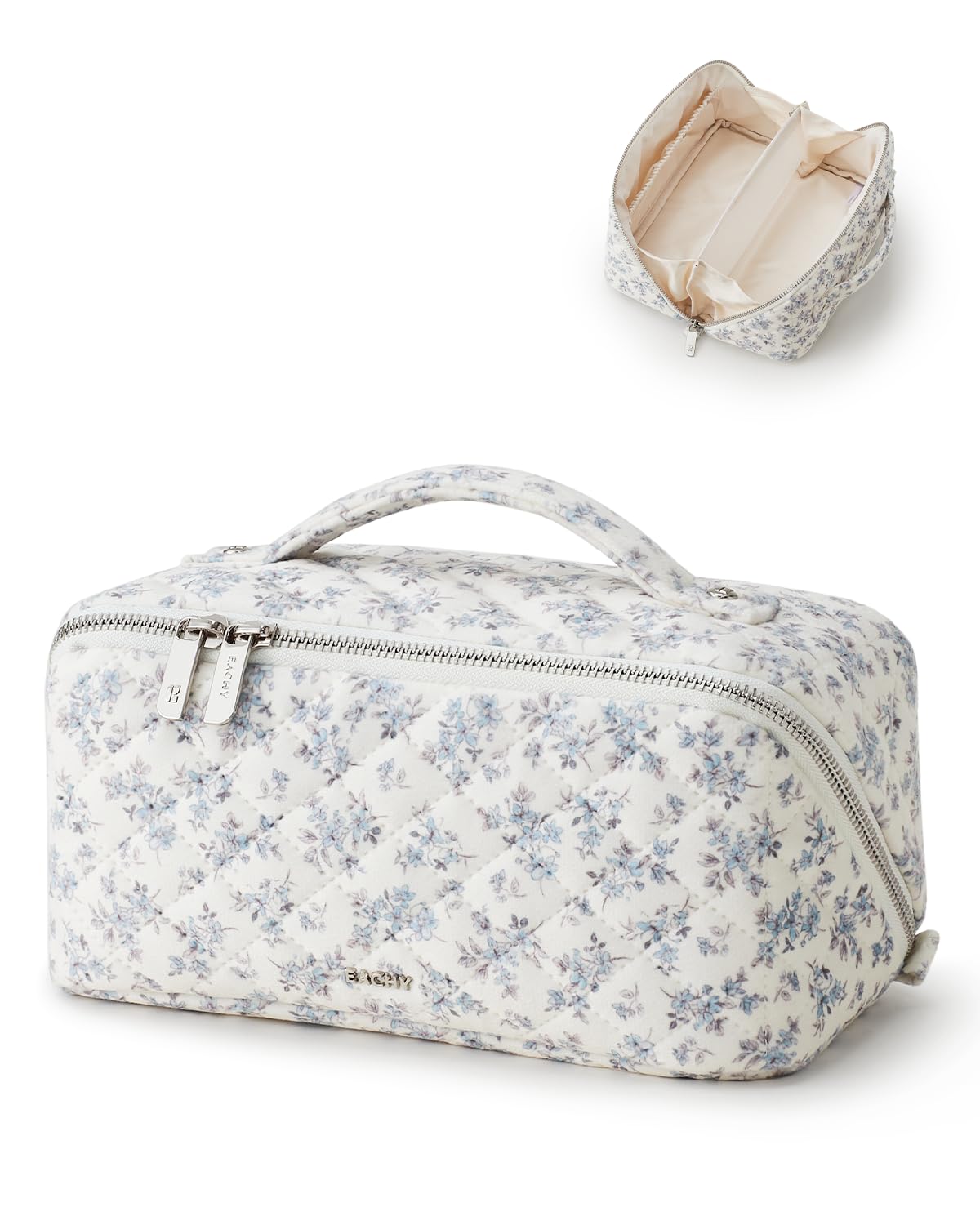 EACHY Quilted Makeup Bag, Cotton Floral Cosmetic Bag for Women, 180° Wide-Open Flat Travel Toiletry Bag, Large Capacity Makeup Pouch with Divider and Handle