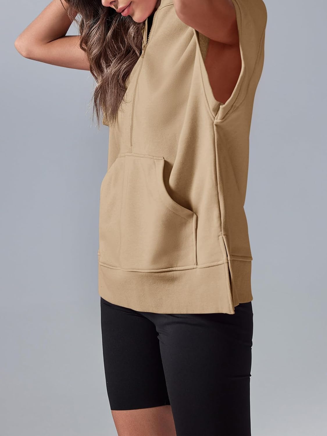 Fisoew Womens Oversized Half Zip Hoodies Short Sleeve Casual Sweatshirts Pullover Tops with Pockets - Image 3