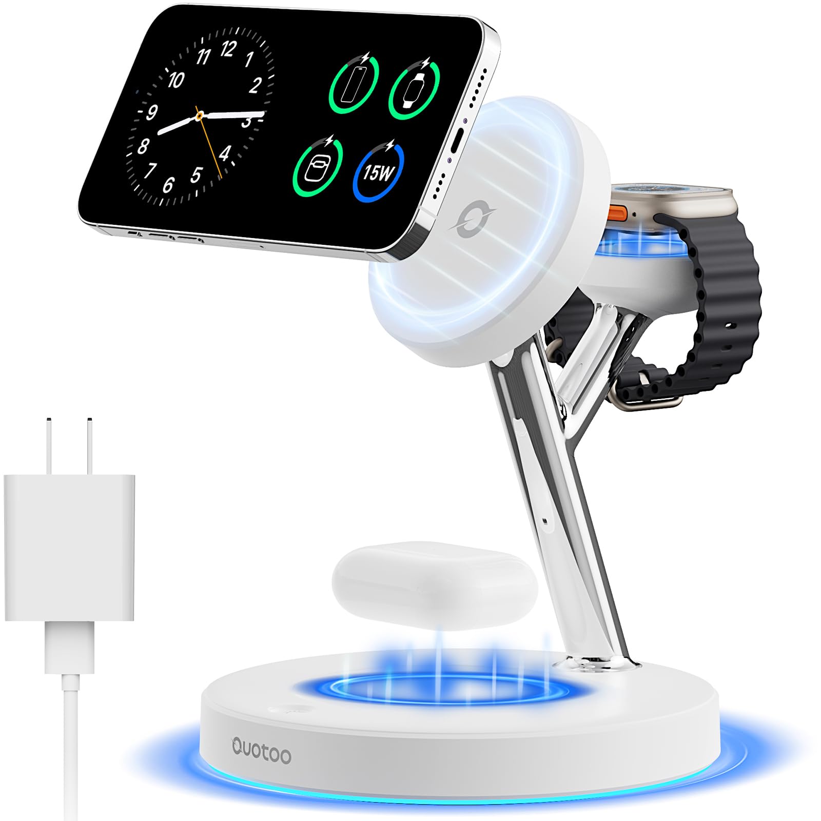 3 in 1 MagSafe Wireless Charger Stand for iPhone Apple Watch AirPods | Adjustable Blue Ambient Light,15W Magnetic Charging Station for iPhone 17 16 15 14 13 12 Series Wireless Charging Station