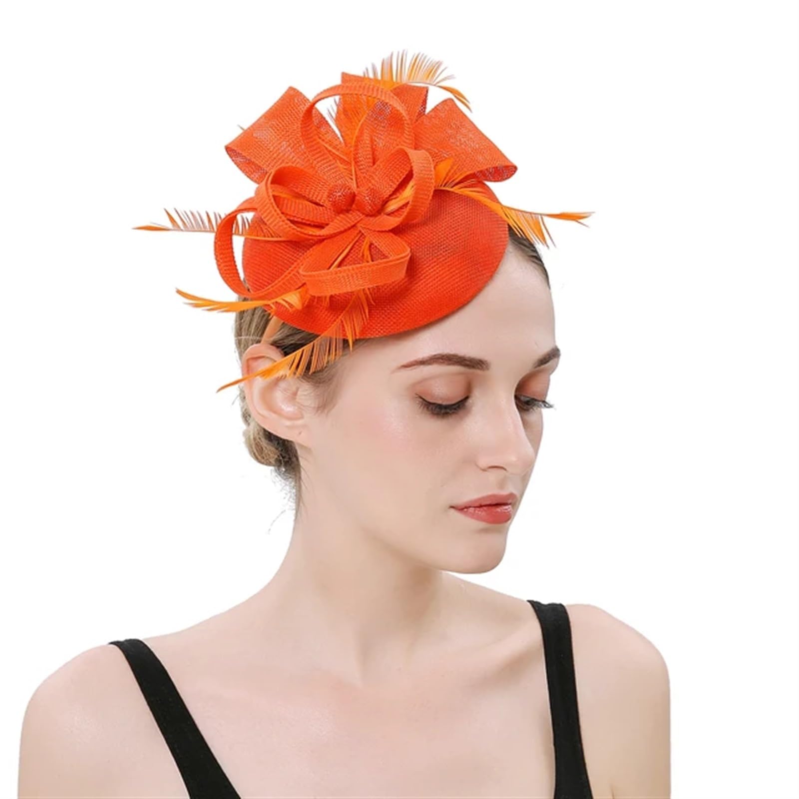 UALXPAO Wedding Hats Women Fascinator Hat Cocktail Wedding Church Headwear Feather Hair Accessories Lady for Tea Party,Weddings(Orange)