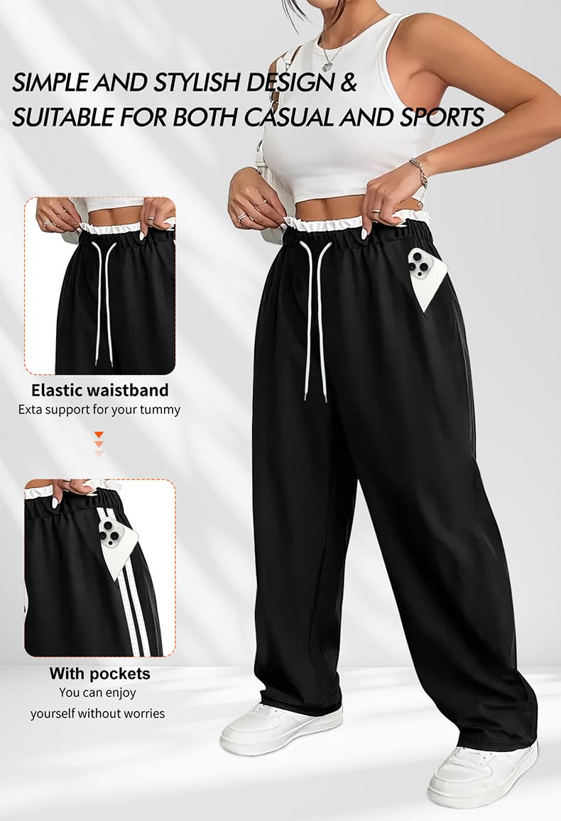 Generisch Pantalones casuales para mujer, tallas grandes, cintura alta, pantalones deportivos y pantalones de chándal para mujer, pantalones de chándal y pantalones de chándal con rayas, pierna ancha