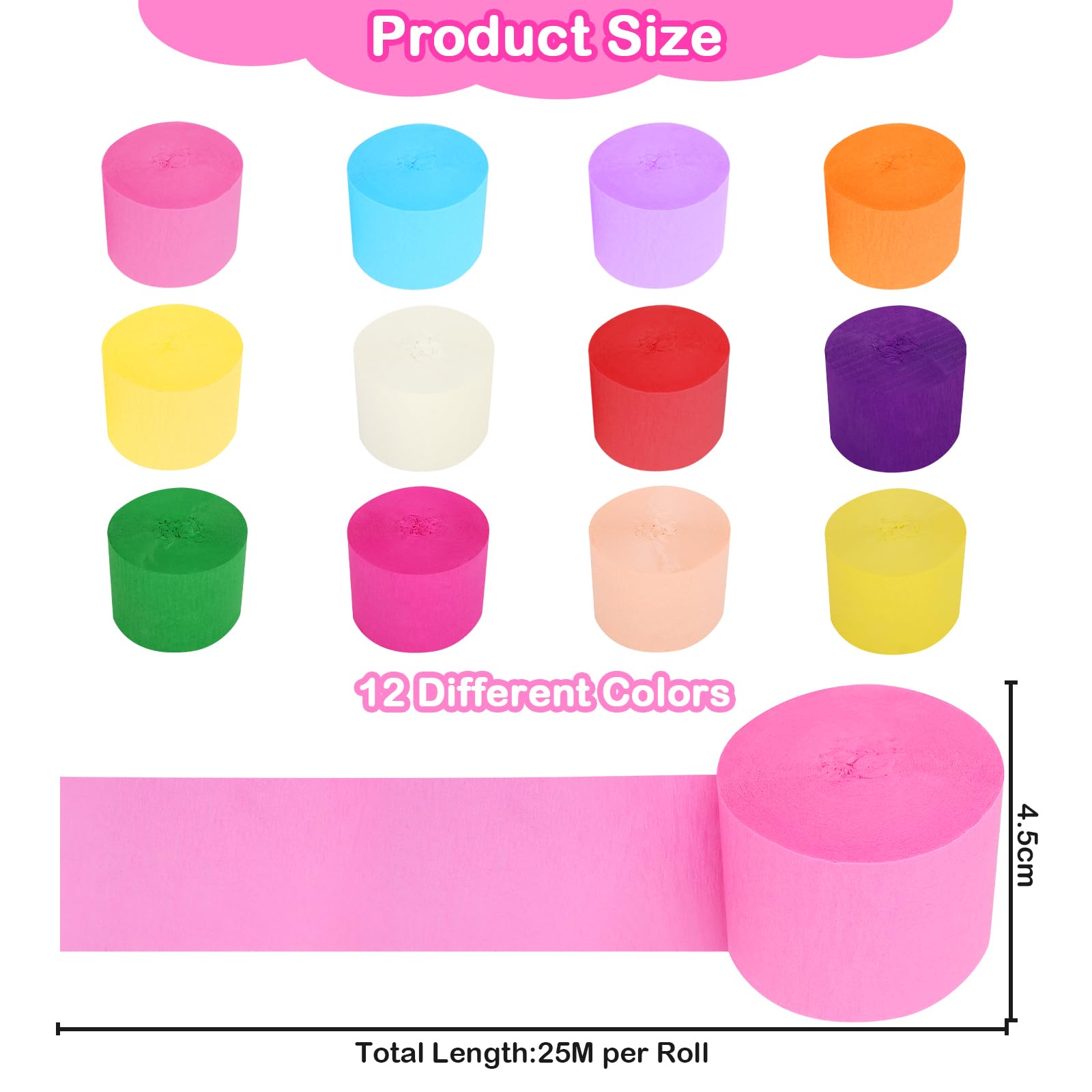 12 Rouleaux Papier Crépon Multicolores 4,5cm X 25m - Décoration Fête Et Mariage