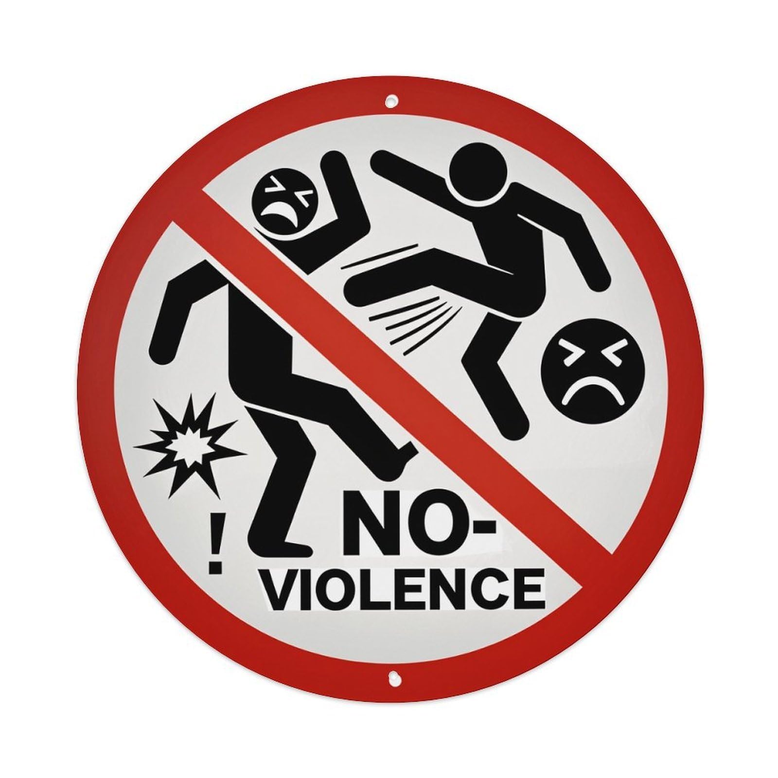 No Violence Sign With Figures And Symbols Round Vintage Tin Sign,Retro Wall Art,Metal Poster for Home, Bar, Garage, Cafe, Rustic Indoor & Outdoor Decor, 8x8 Inches