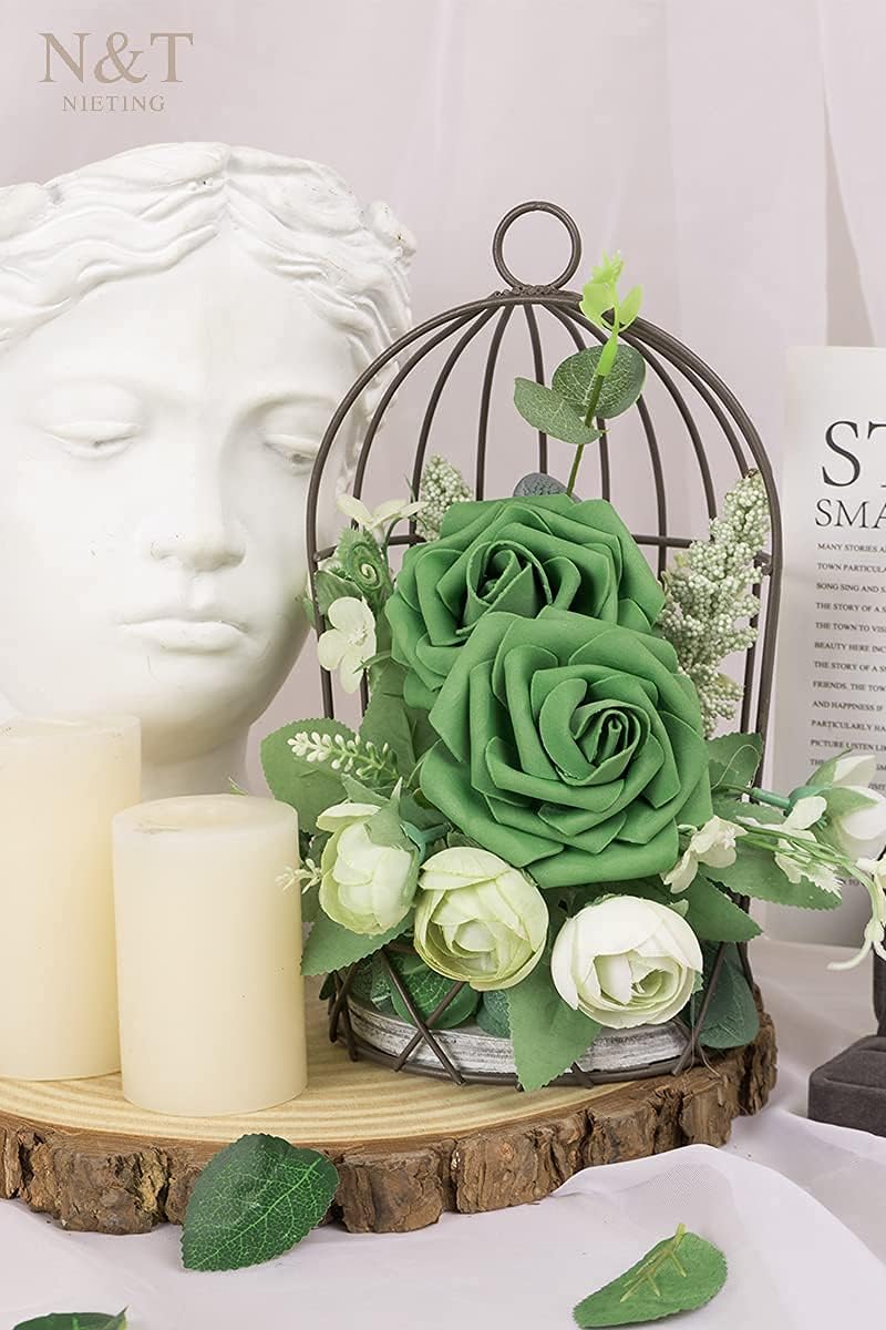 N&T NIETING Roses Artificial Flowers, 25pcs Artificial Flowers Foam Flowers with Stems for DIY Cake Decoration Wedding Party Home Decoration, Army Green - Image 8