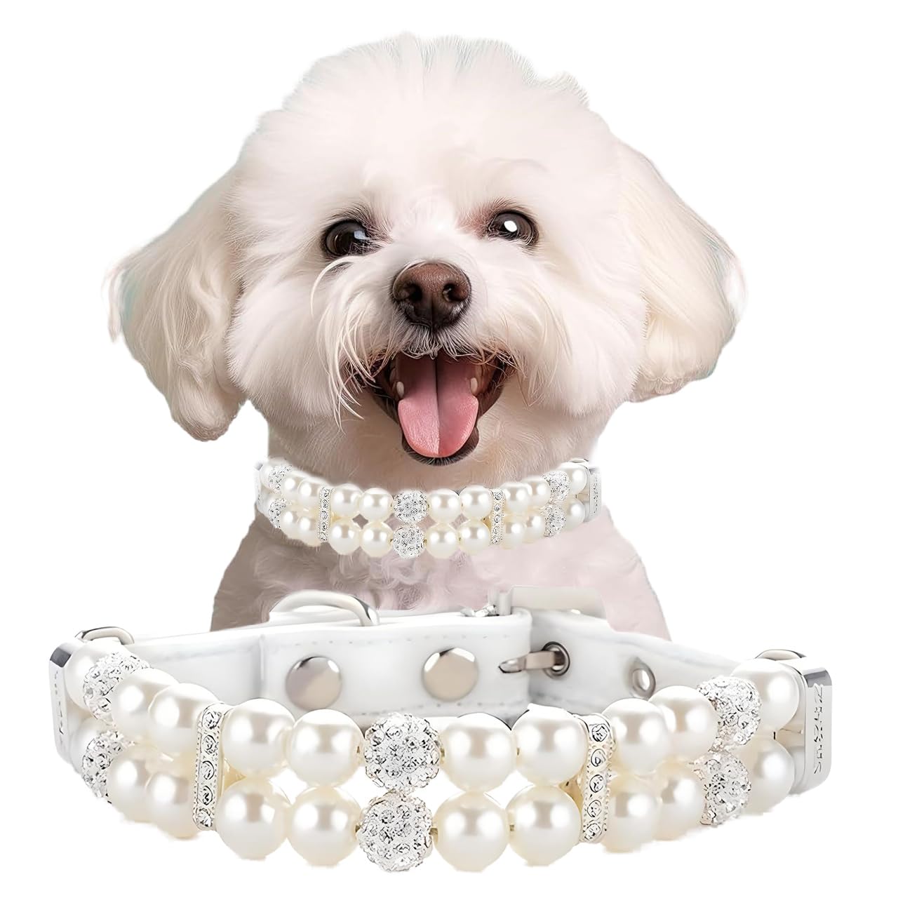 Dog Collars with Pearls, Beaded Cat Collar Pu Leather Puppy Necklace with Crystal Rhinestone Diamond for Girl Kitten XXSmall Small Medium Female Dogs Jewelry Wedding & Birthday Party, M, White