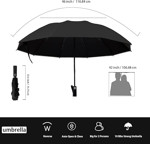 Miniatura 4 de ALFROTEY Paraguas invertido grande y compacto de apertura automática para lluvia y protección UV, paraguas plegable invertido con rayas seguras