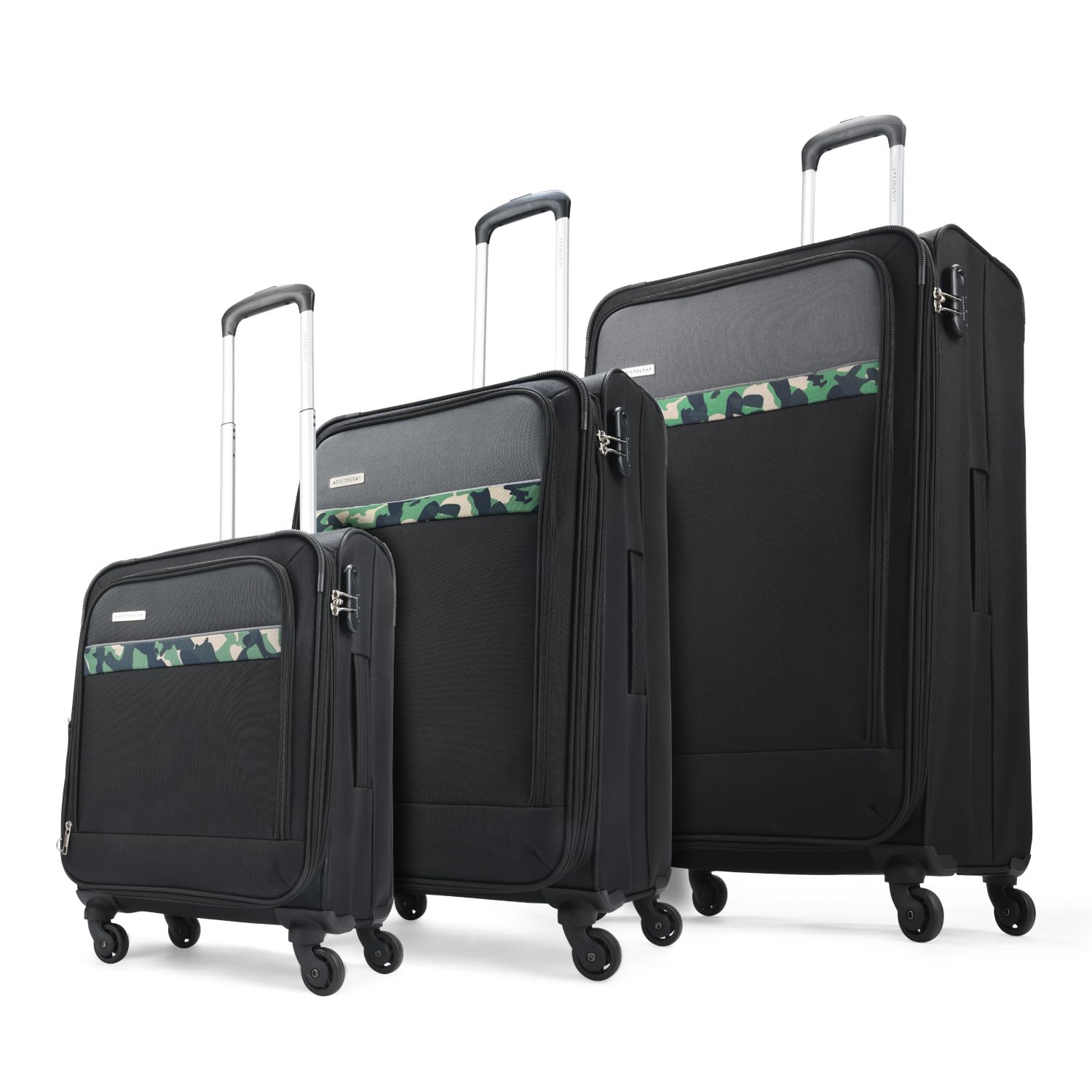 Aristocrat Commander Set of 3 Trolley Bag 55, 69 & 79cm | Small+Medium+Large | Soft Luggage | Smooth 4-Wheel Suitcase | Combination Lock | Premium Polyester Fabric with PVC Coating (Black)