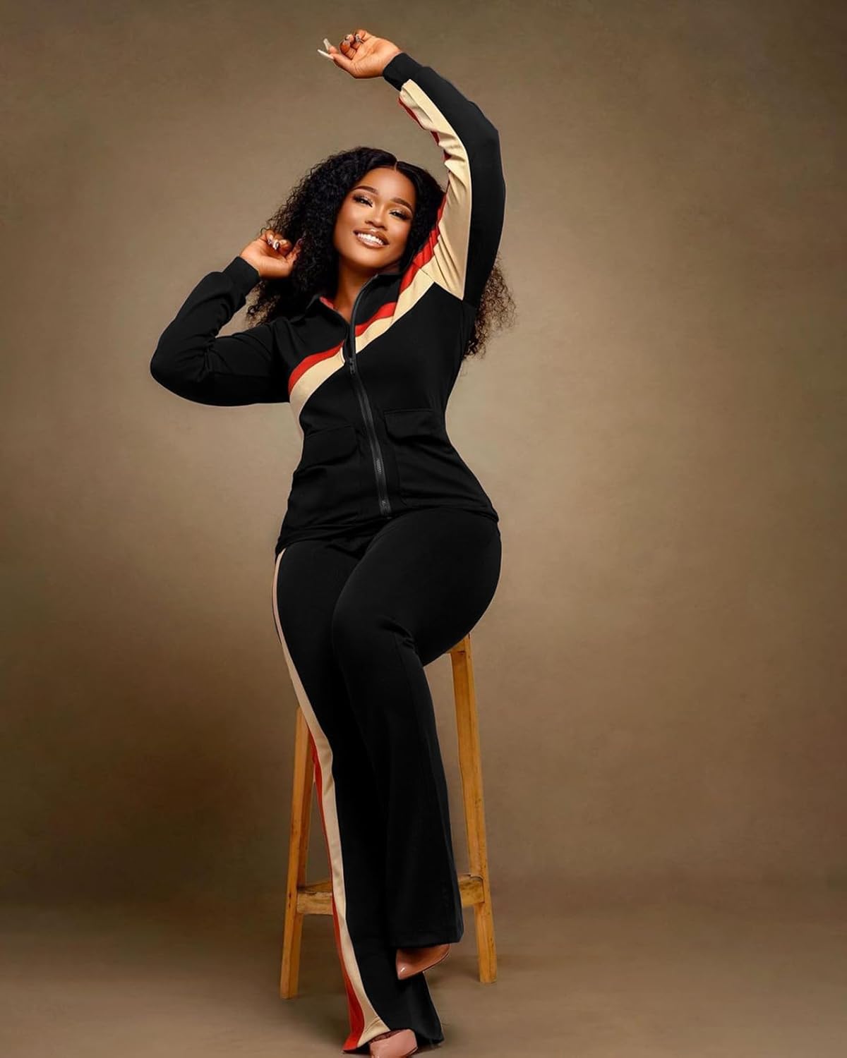 2 Piece Outfits for Women Long Sleeve Striped Zipup Jacket Wide Leg Long Pant Retro Tracksuit Sport Set Wine Red - Image 4