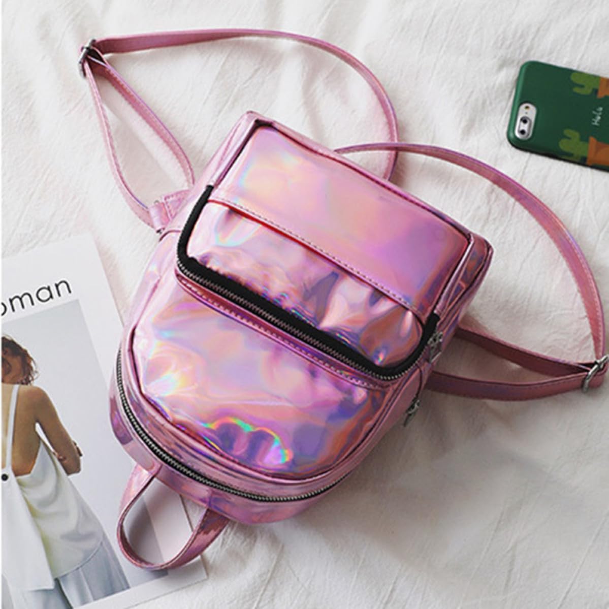 KICHOUSE Chic Holographic Backpack for School, Pink PU Satchel