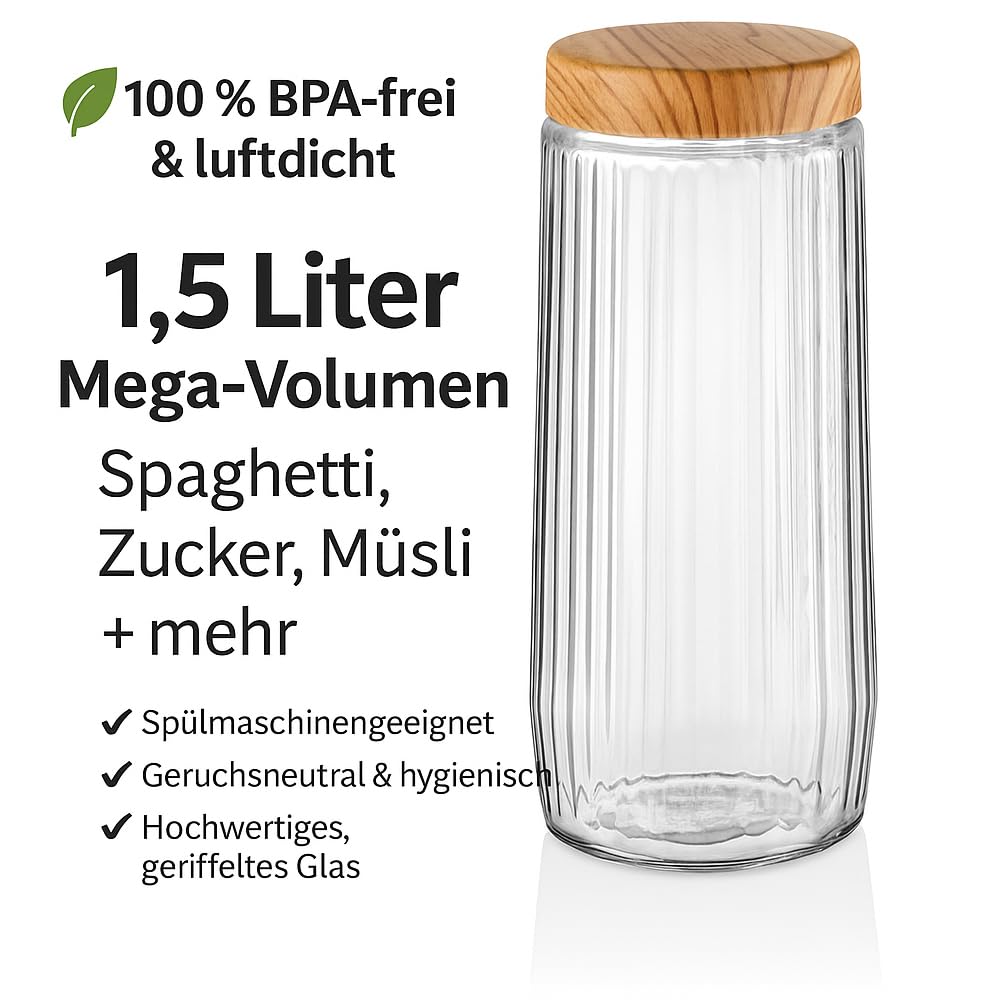 6-teiliges Glas Vorratsdosen Set 1,5L – Luftdicht mit Deckel – Aufbewahrungsgläser für Spaghetti, Konserven, Hülsenfrüchte & Trockenwaren