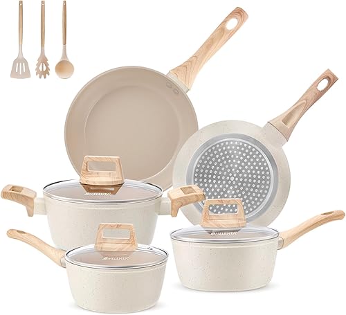 Miniatura 7 de M MELENTA Juego de ollas y sartenes antiadherentes, 11 piezas de utensilios de cocina de inducción, juego de cocina antiadherente de cerámica, mango