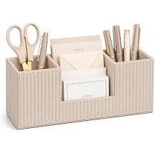 GORESE Pen Holder for Desk, Leather Small Desk Organizer for Office, Beige | 4-Compartment, Vegan Leather, Office Supplies, Desk Caddy Nightstand Organizer for Pen, Pencil, Remote Control, Business Card