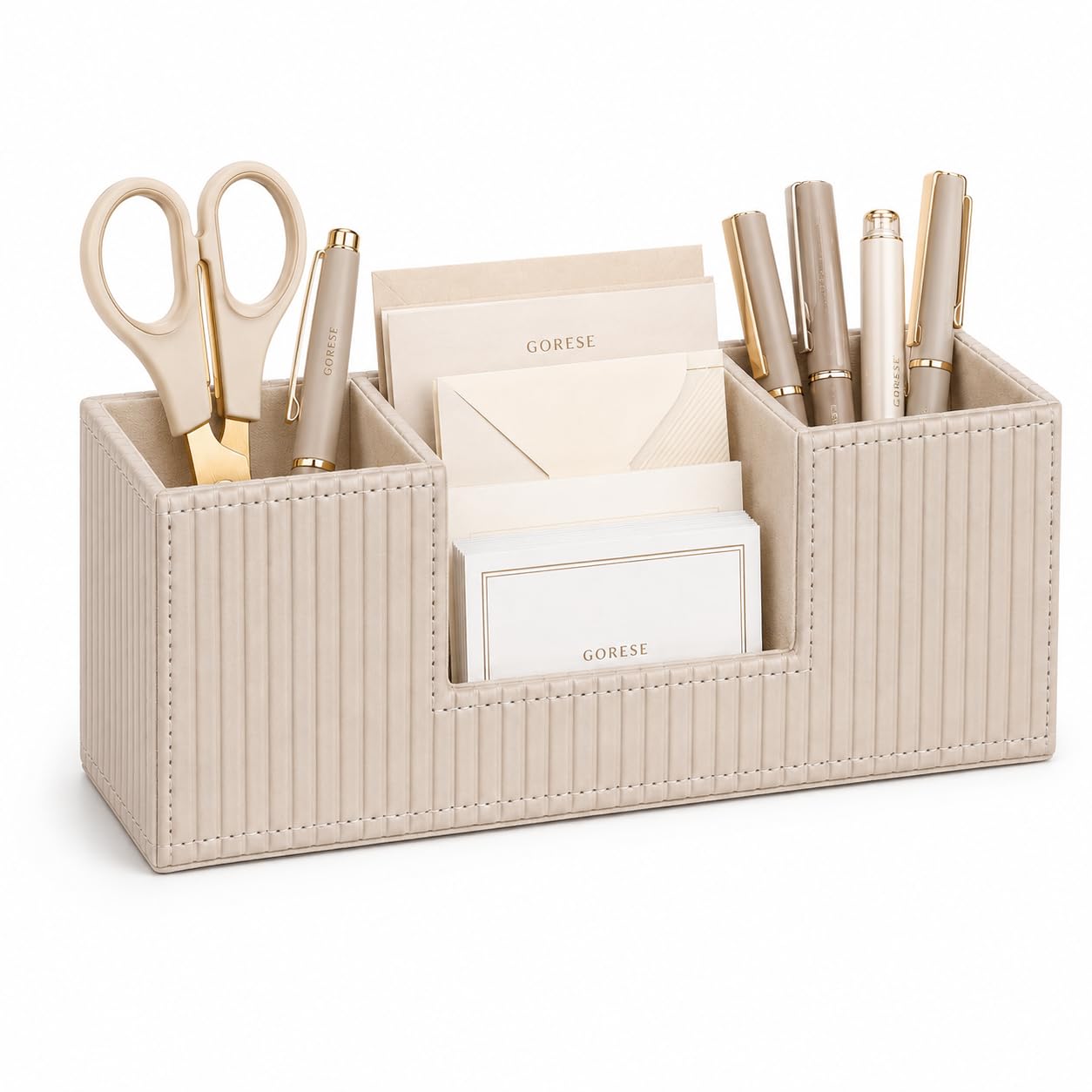 Porte-stylo beige en similicuir GORESE multifonction pour optimiser le rangement des accessoires