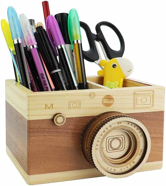 SPEACOUR Desk Pencil Holder Wooden Pen Pot Retro Camera Pen Holder Multifunction Makeup Brush Holder Desktop Stationery Organizer for TV Remotes Makeup Brushes Pencils Smartphone and Small Items