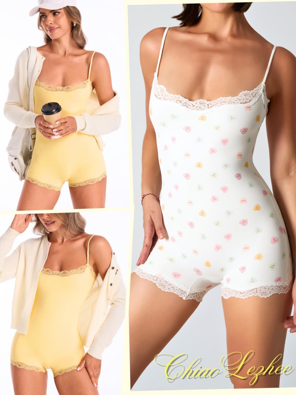 Women's Trendy & Ultra Soft Shorts Romper, Lace Trim Spaghetti Bodysuit Top from Lounge to Going Out (Fits 0-12) - Image 7