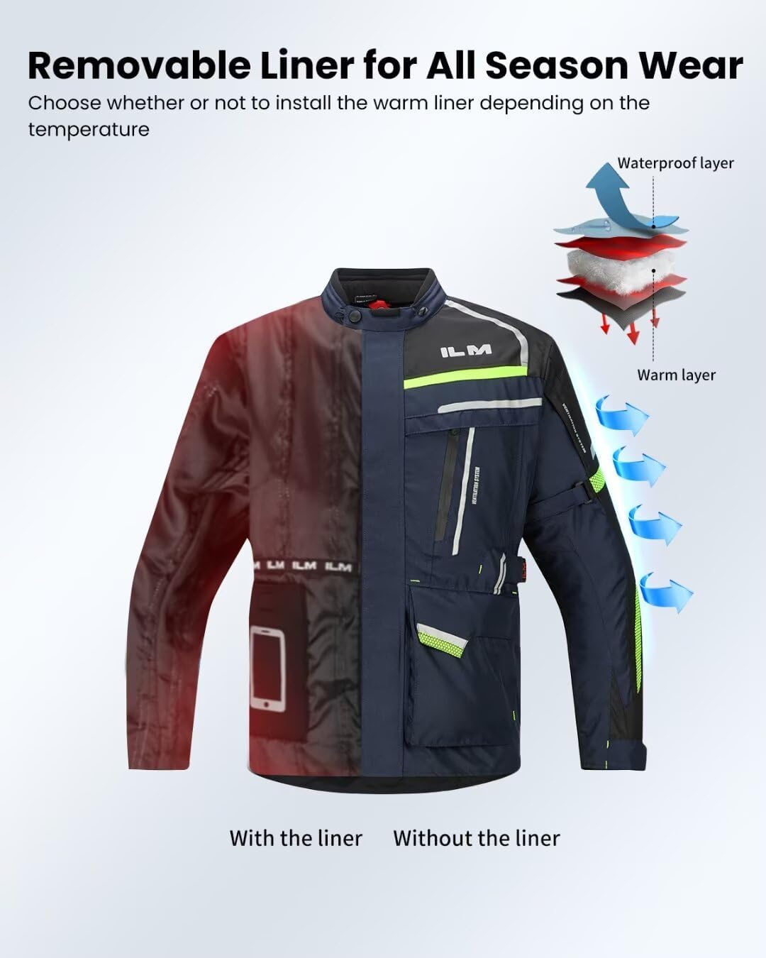 ILM Men's Street Motorcycle Jacket with CE Armor and Detachable Thermal Liner All Season Waterproof Adventure Touring Jackets Model JRL3 Blue, L - Image 5
