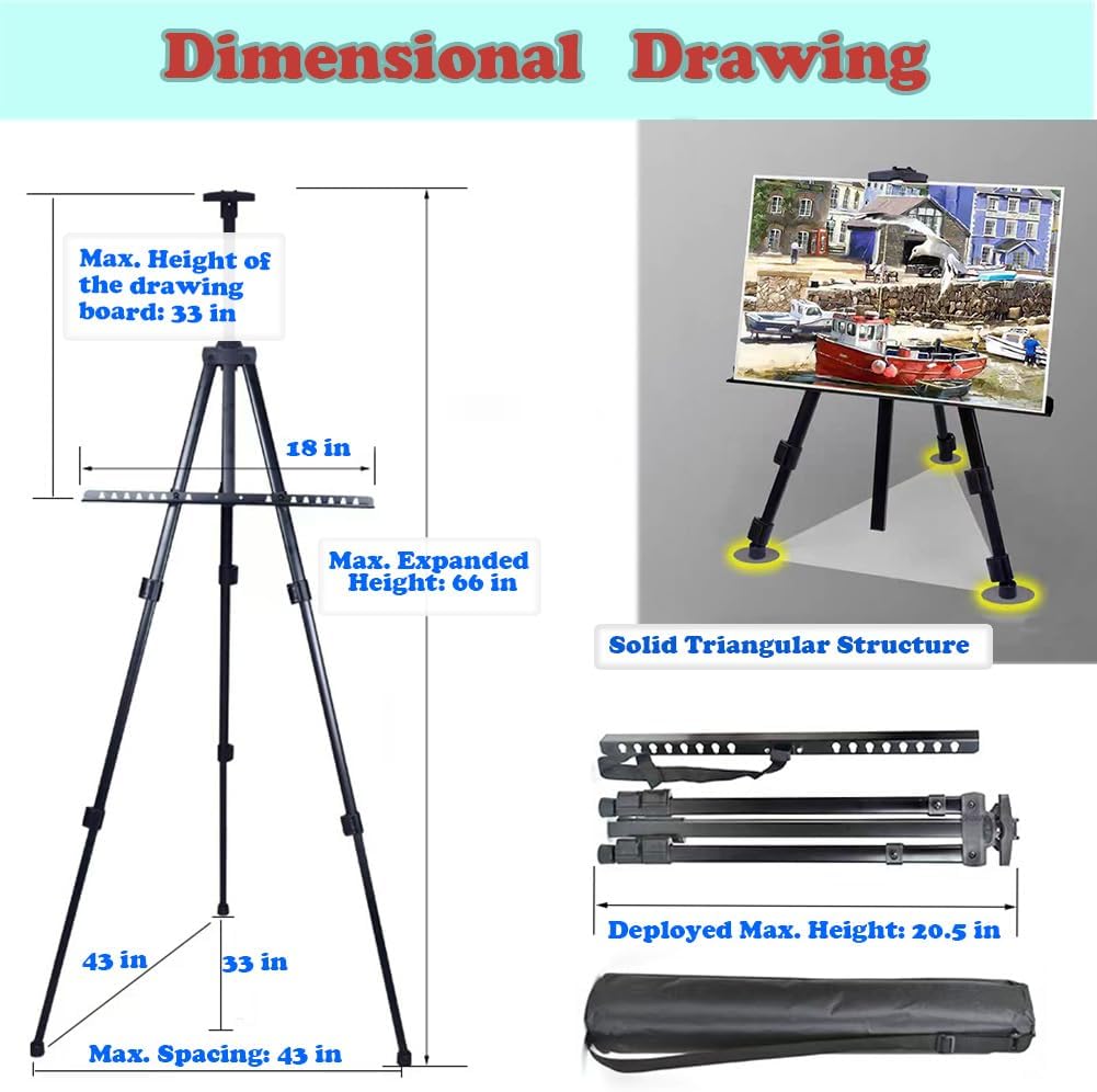 Portable Artist Easel Stand, Art Painting Display Easel Standing, Lightweight Easel Stand Adjustable Art Easel Drawing Easels Standing for Painting Drawing and Displaying
