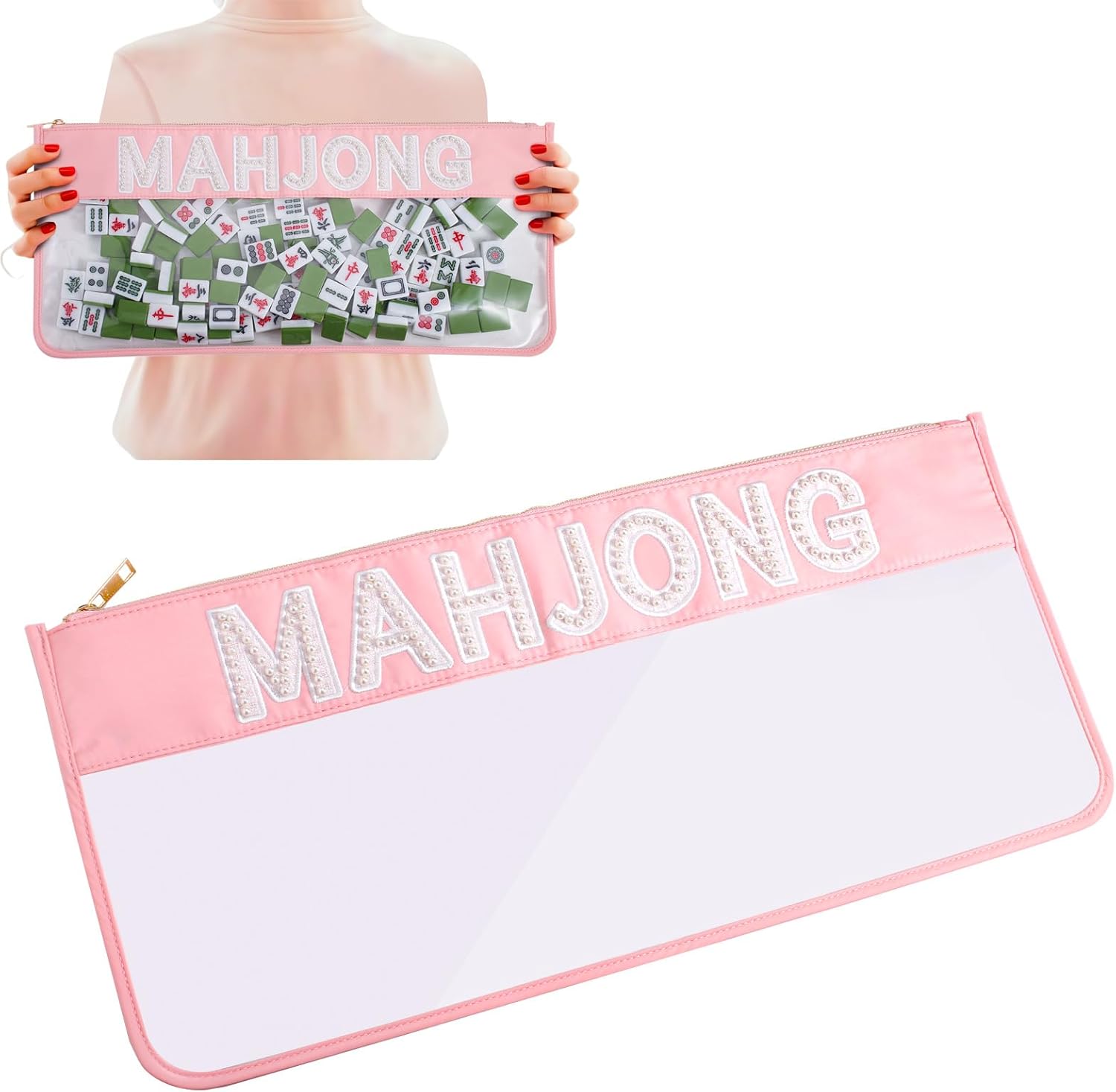 Empty Mahjong Tile Bag with Zipper – Waterproof Nylon & Clear PVC Mahjong Carrying Case for 166 Tiles, Stylish Mah Jongg Accessories Bag with Pearl-Embroidered (Case Only)