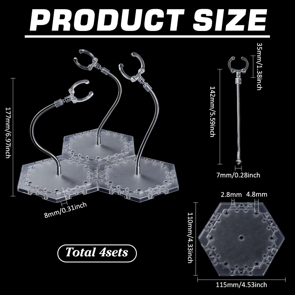 FINGERINSPIRE 4Sets Adjustable Clear Snake Arm Doll Stand Holder Hexagon Base for Action Figure Collectible Model Display Bendable Alloy Support Arm Durable Plastic Base for Waist 3cm Model Display - Image 2