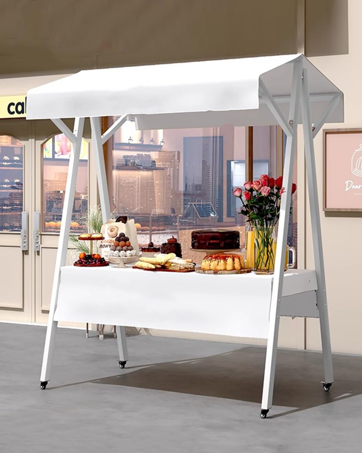 Puesto de Venta Plegable Carritos Móviles Blancos para Vendedores Ambulantes de Comida, Carrito Portátil con Ruedas para Dulces, Ideal para Fiestas y Festivales, Expositor(Width 150cm(59"))