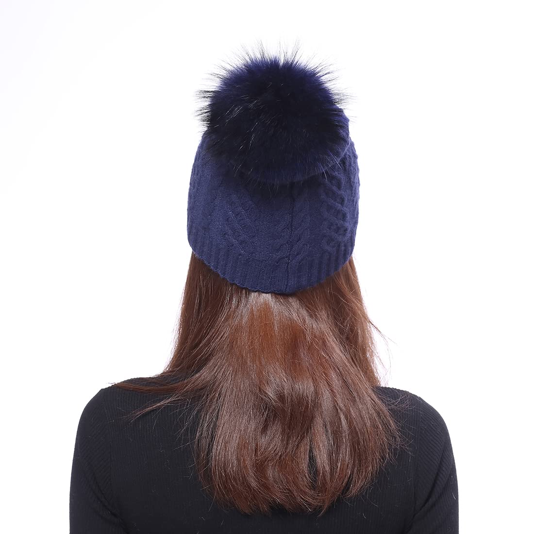 BeFur Bonnet tricoté pour femme d'hiver doux et élastique avec pompon renard, Blanc., Taille unique