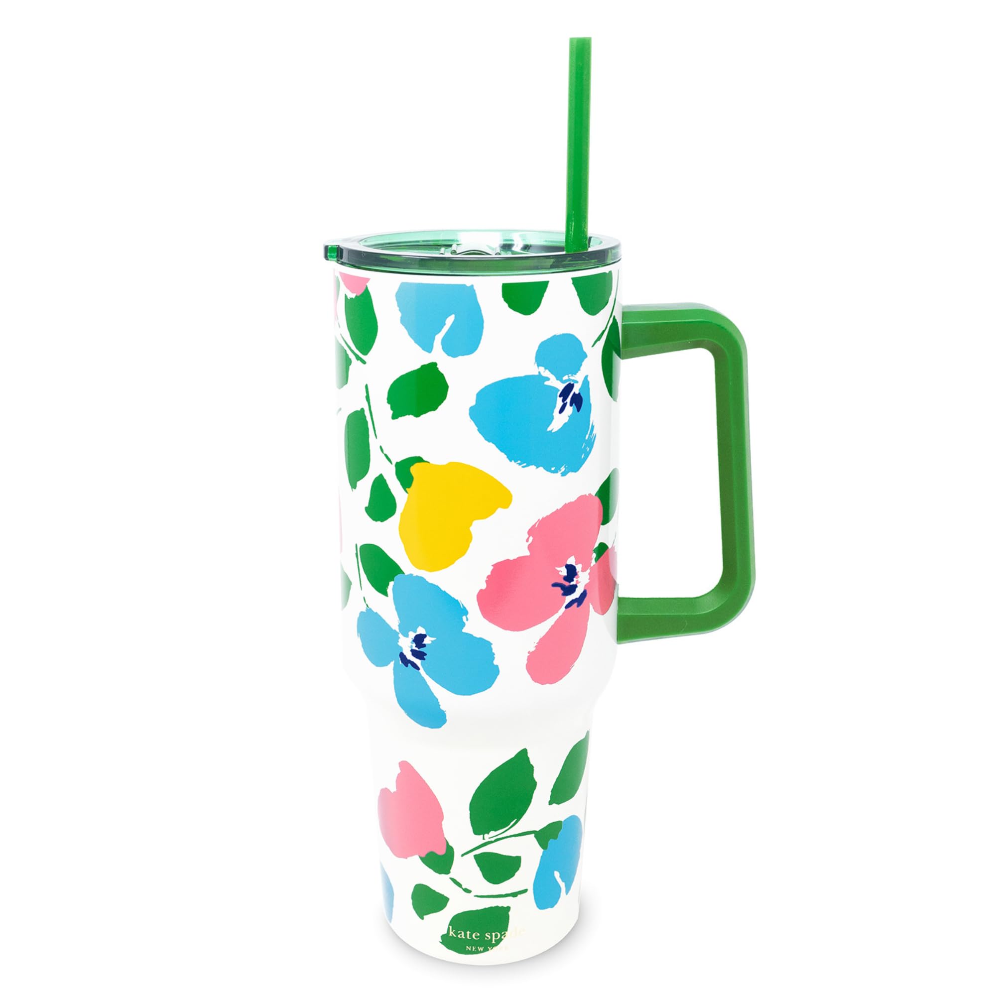 kate spade new york 40 Ounce Tumbler with Handle and Straw, Cupholder Friendly, Double Wall Stainless Steel Insulated Cup (Painterly Bouquet)
