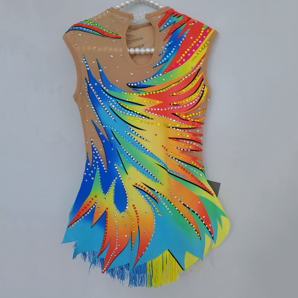LIUHUO Justaucorps de gymnastique rythmique arc-en-ciel diamant sans manches à franges pour fille