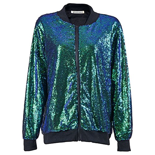 Hamishkane Damen Bomberjacke mit Pailletten, Glitzer, für Clubbing, Party, Bikermantel Gr. Medium, grün Cover