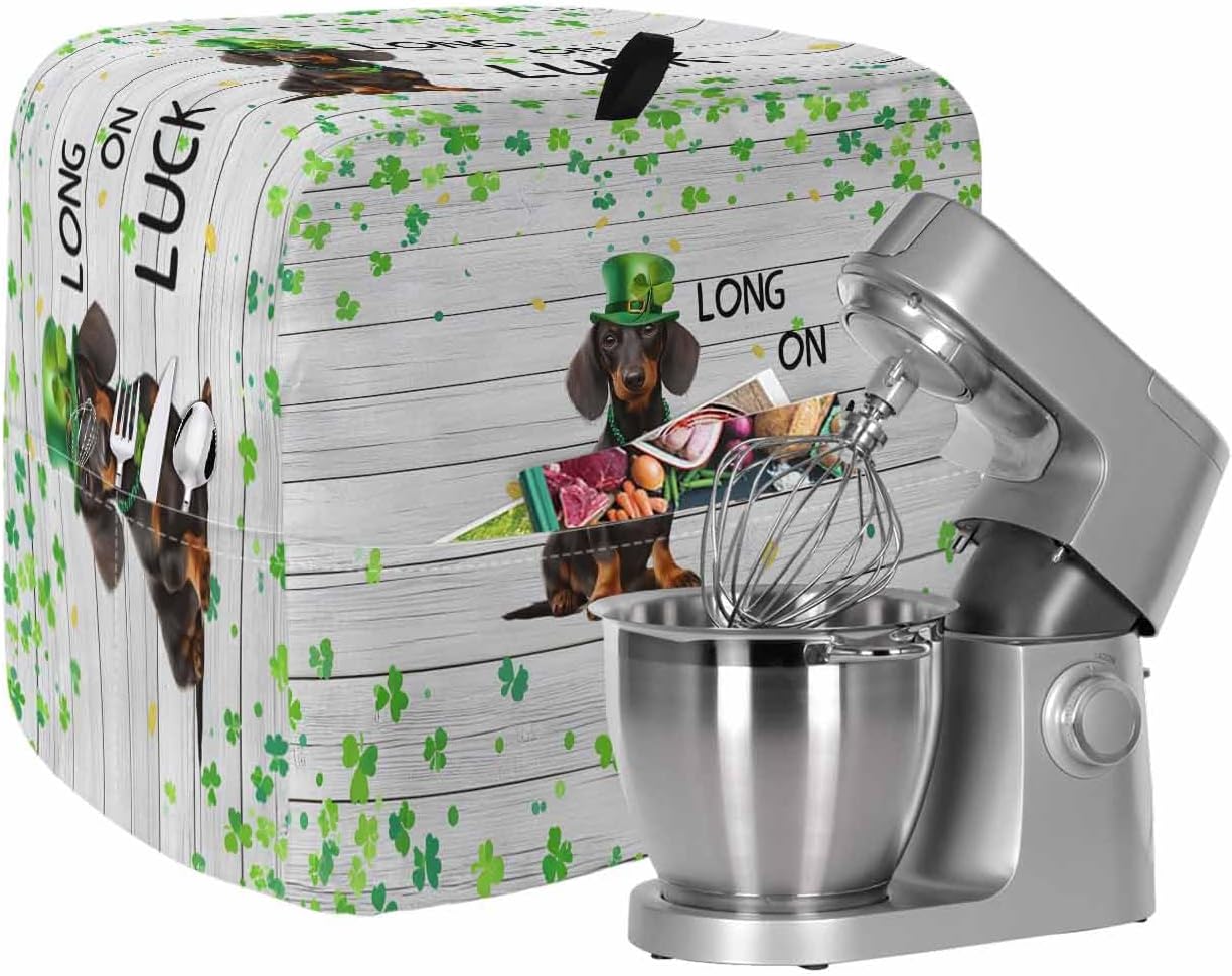 St. Patrick's Day Stand Mixer Cover with Storage Pocket, Waterproof Kitchen Mixer Covers, Lucky Hats Dogs Grass Striped Gray Wood Kitchen Appliance Dust Cover Compatible with 4/4.5 Quart Mixers