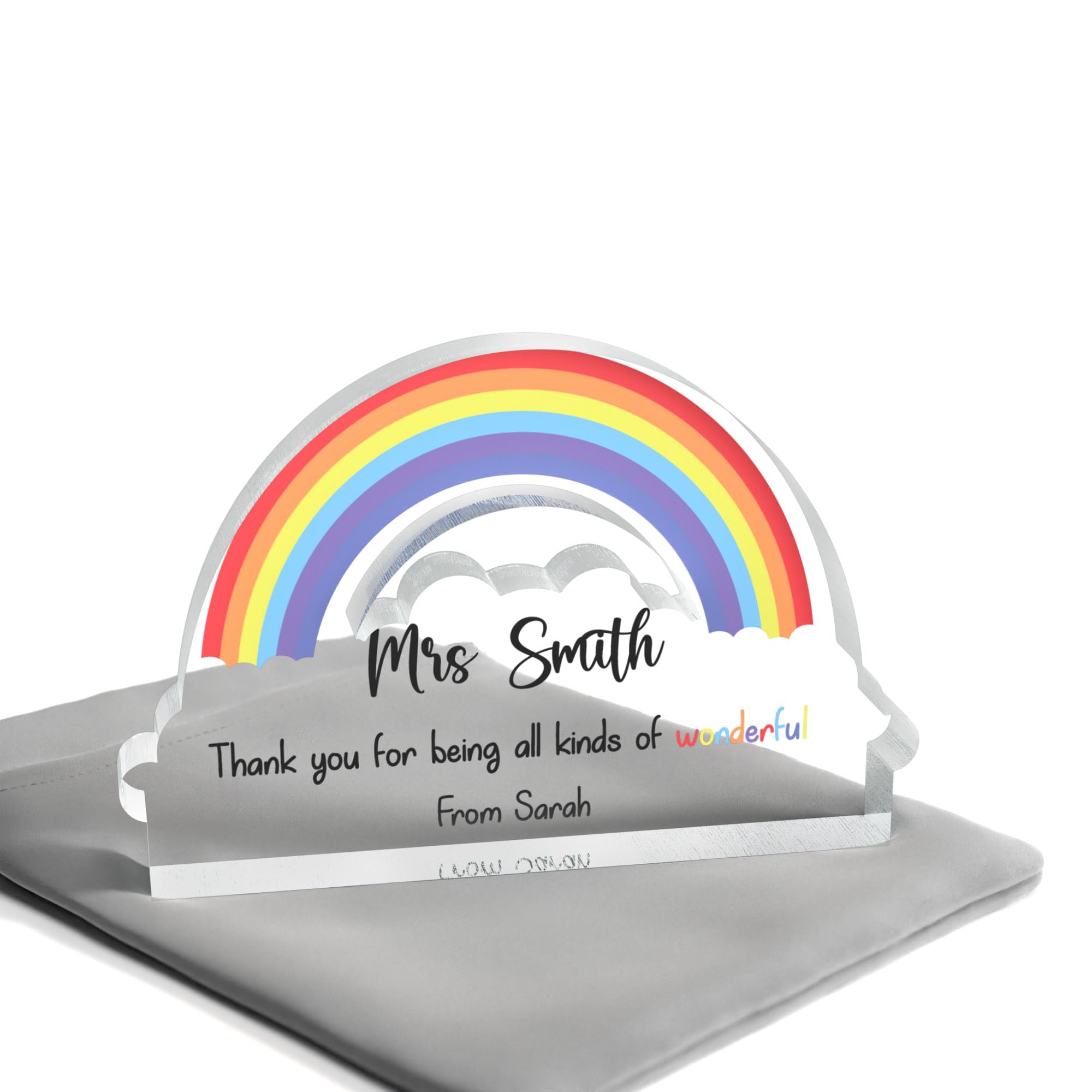 Beecreative Personalised Teacher Thank You Gift - Teacher Rainbow Gifts - Unique Acrylic Teacher Rainbow Keepsake - With Grey Bag