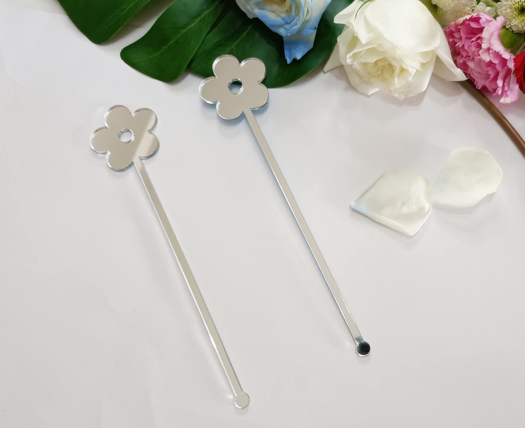 Set of 20 Daisy Acrylic Drink Stirrers,Floral Cocktail Stirrer for Flower Birthday, Retro Party or Shower Theme (Silver Mirror)