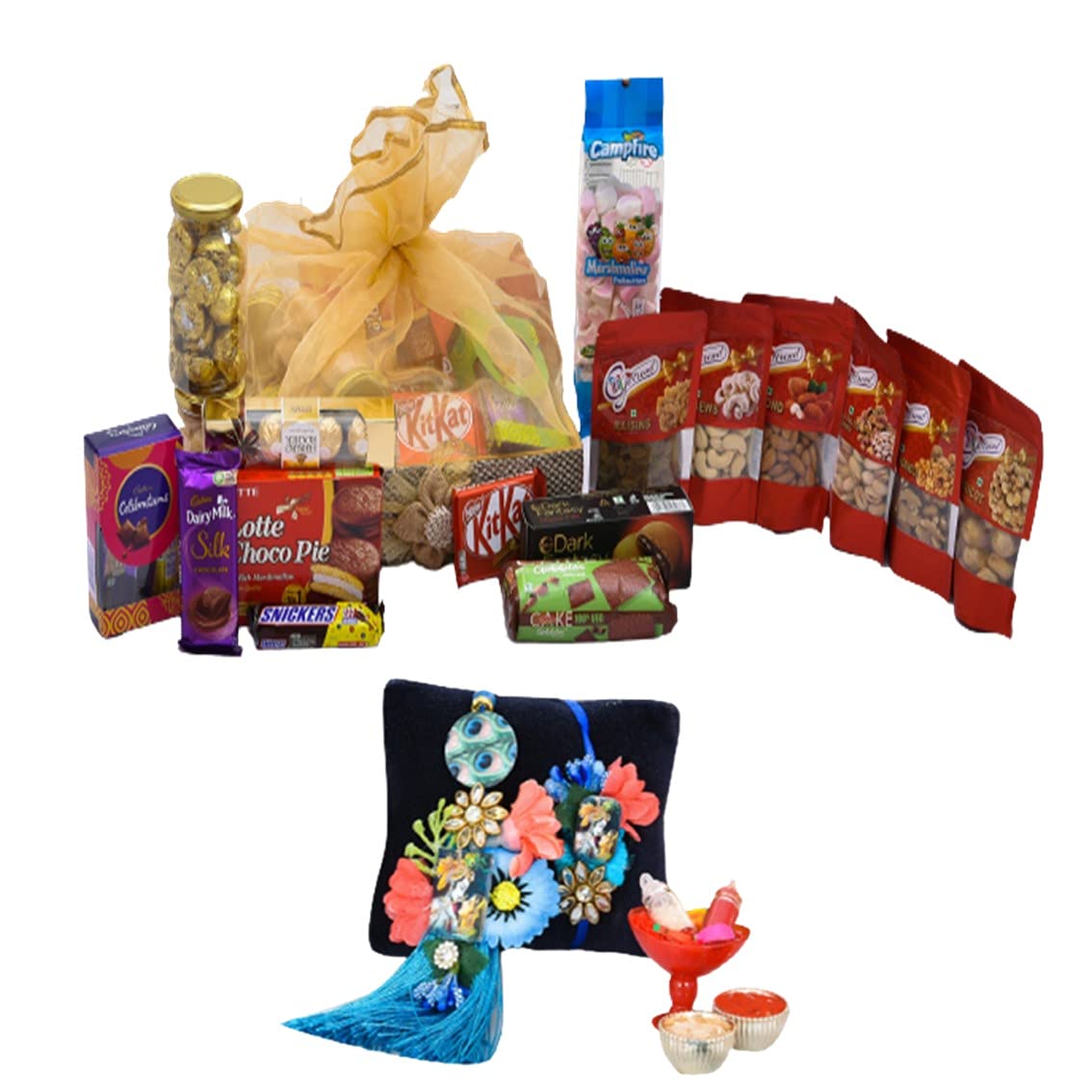 Giftrend Rakhi Gift 5kg Dryfruits and Chocolate Hampers & Gourmet Gifts Basket with Designer Blue Pair Bhaiya Bhabhi Rakhi and Tilak Kit-image-4