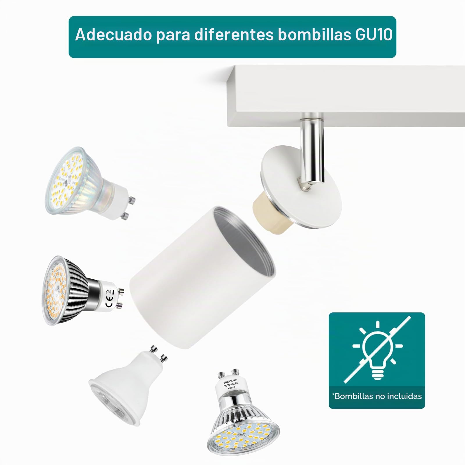 Wowatt - Lámpara de techo (4 focos, GU10, Rampa de foco orientable, lámpara de foco de techo blanco, luminaria para interior de techo, iluminación LED, techo giratorio, para sala de estar, dormitorio,