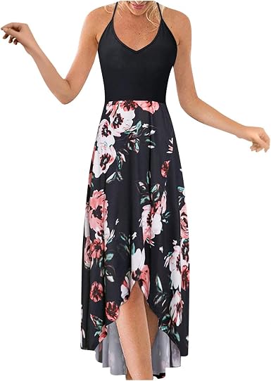 Amazon.com: Zieglen Vestidos de verano para mujer 2022 con cuello en V,  tirantes delgados, estampado largo, casual, asimétrico, sin espalda : Ropa,  Zapatos y Joyería