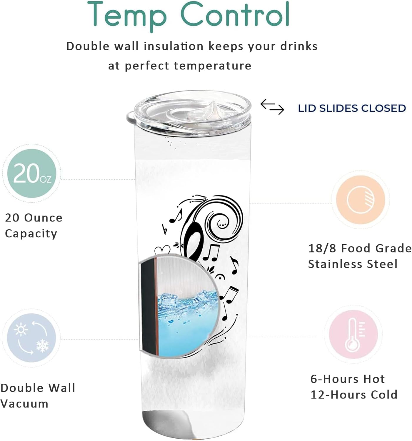 Music Note Skinny Tumblers with Lids and Straws, Vacuum Insulated Music Teacher Appreciation Gifts Travel Tumbler Cups 20 OZ for Men Women Students - Image 3