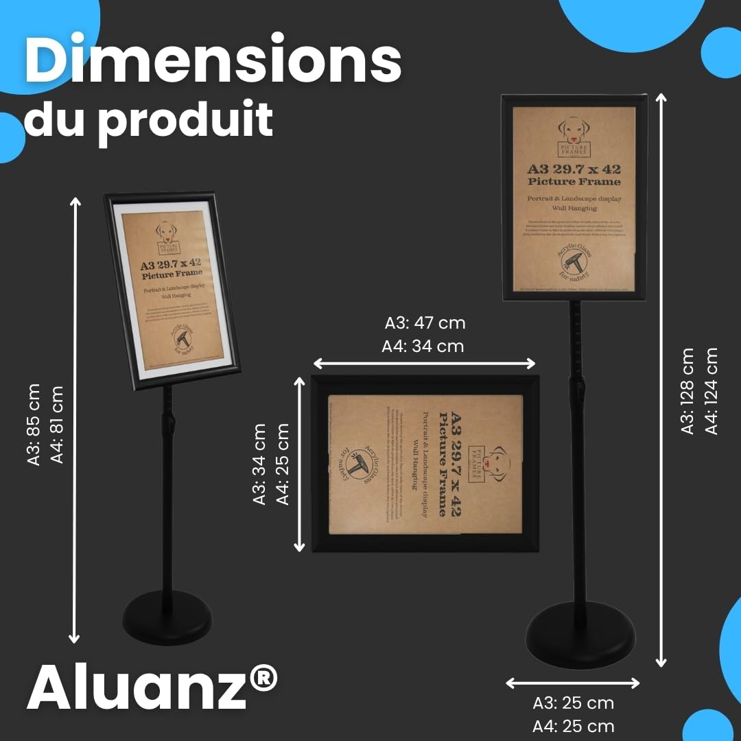 Porte affiche A3 sur pied, noir | Support d’information, Hauteur réglable, Porte affiche en aluminium, Présentoir pivotant, Présentoir buffet, 75-125 cm