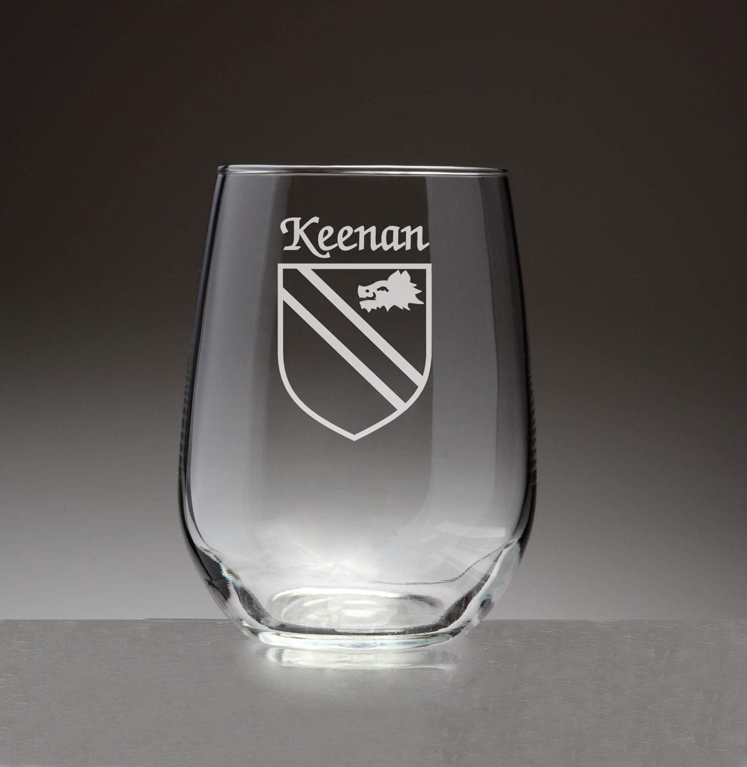Keenan Irish Coat of Arms Stemless Wine Glasses (Sand Etched)
