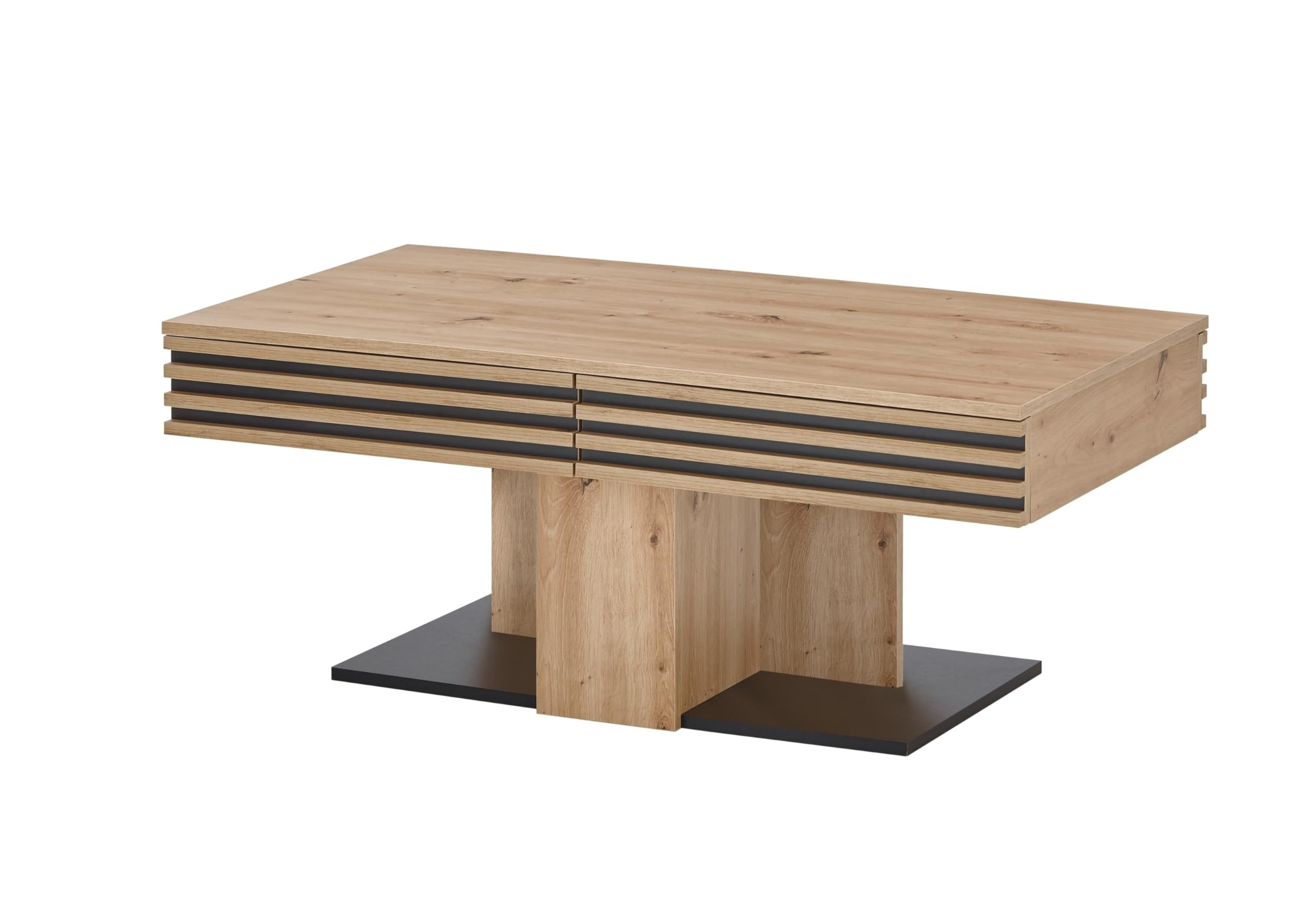 möbelando Couchtisch Luara 110x60 cm – Moderner Wohnzimmertisch in Artisan Eiche Dekor mit 2 Schubladen & schwarzem Akzent – Stabil & Pflegeleicht