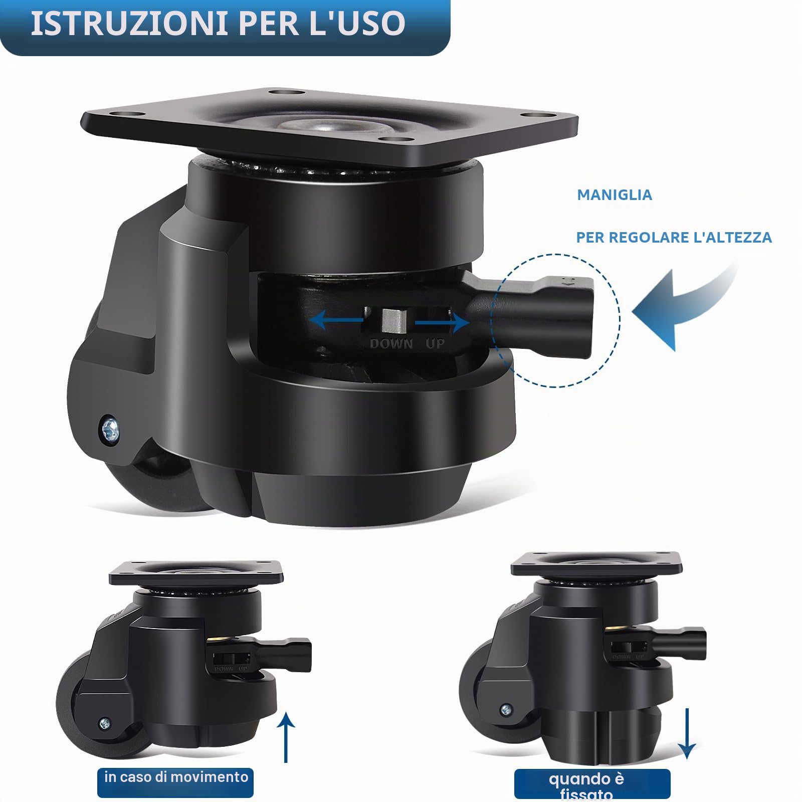 Rotelle per Mobili Pesanti Capacità 1000kg, 50mm Ruote Girevoli con Impugnatura a Cricchetto Regolabile, Ruotelle Pesanti Rotelle Pivotanti a 360 Gradi, Silenzioso, Set di 4