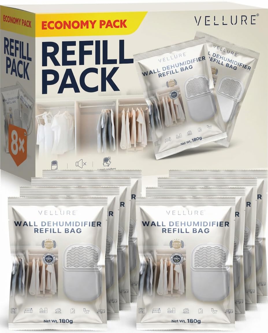 Vellure® 8x Refill Sachets/Refill Bags for Dehumidifiers for Home Wall-Mounted wardrobe dehumidifier - disposable moisture absorber for bathroom, living room etc.)