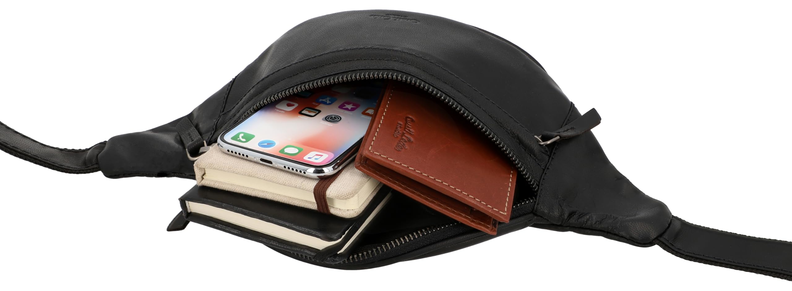 Gusti Bauchtasche Leder Schwarz – Hochwertige Gürteltasche Damen Herren, Verstellbarer Gurt, Viel Stauraum, Unisex Crossbody Bag, Bauchtasche Leder Schwarz Echtleder