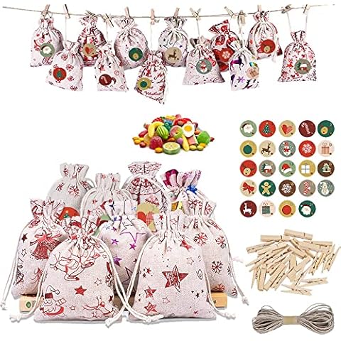 Pack of 24 Advent Calendar for Filling, Christmas Calendar Jute Bags Small 10 x 14 cm Christmas Advent Calendar Gift Bags Candy Bags for Christmas Gifts (White) Cover