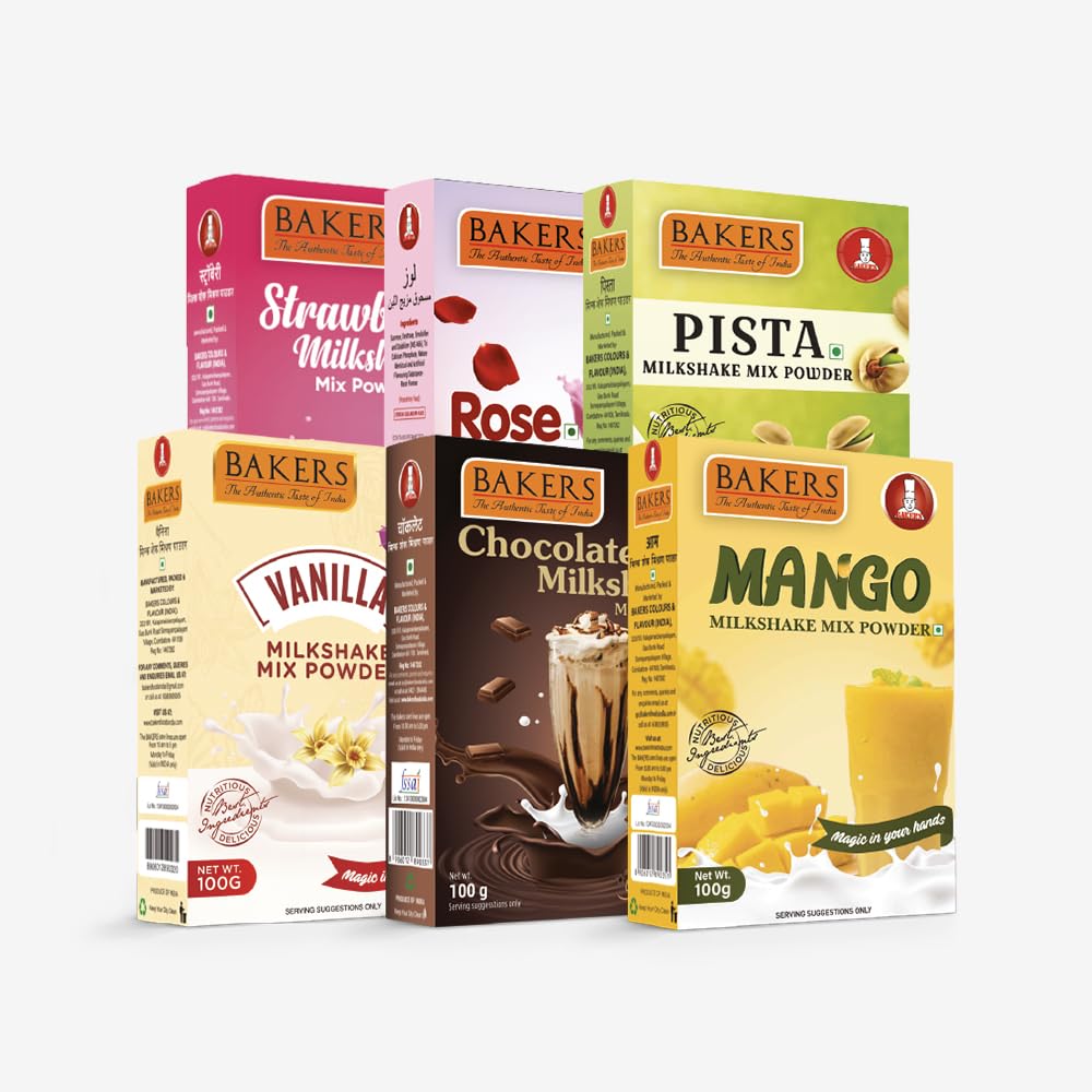 BAKERS Milk Shake Mix | Strawberry, Mango, Vanilla, Pista, Rose & Chocolate Flavour | Smooth and Fruity Delight | No Sugar Needed | Instant Preparation | Combo of 6 (100 gm x 6)-image-9