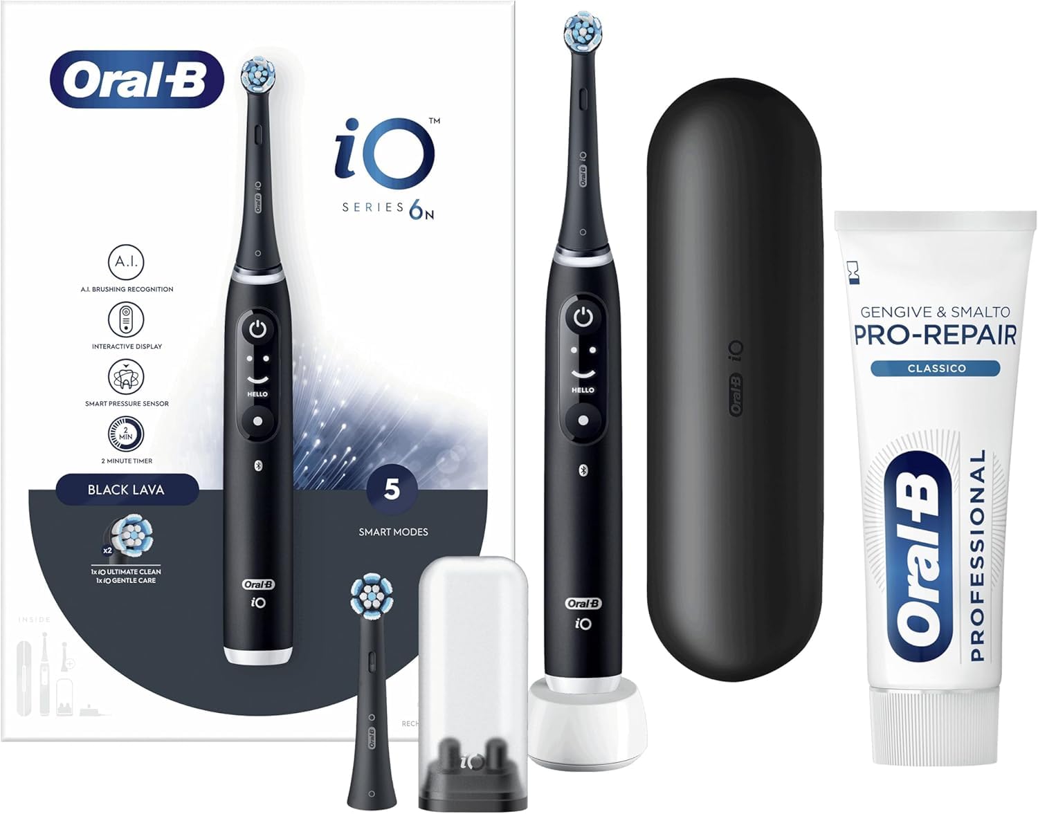 Oral-B Spazzolino Elettrico Ricaricabile iO6 Nero Con Custodia Da Viaggio + Dentifricio Rigenera Smalto & Gengive Classico 75 ml