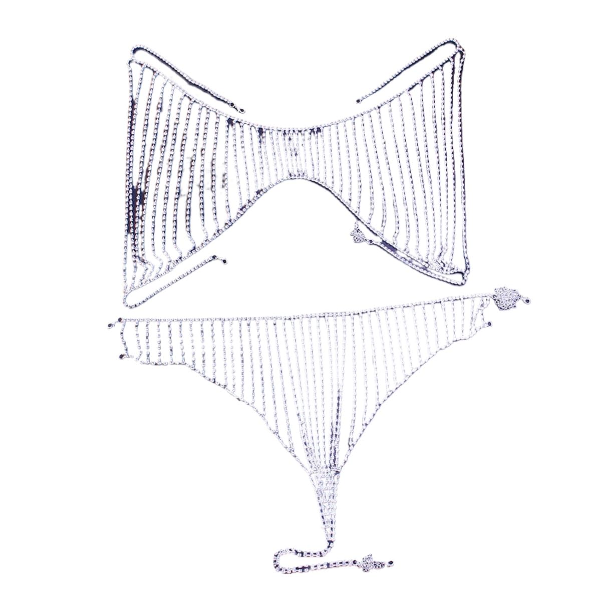 Sexy Diamond Chest Chain Bra Panties Sparkly Rhinestone Body Chain Crystal Bikini Chest Jewelry Lingerie Woman Nightclub Clothing (Silver)